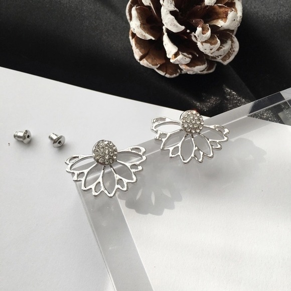 Silver Lotus‎ Flower Jacket Stud Earrings - Picture 1 of 9